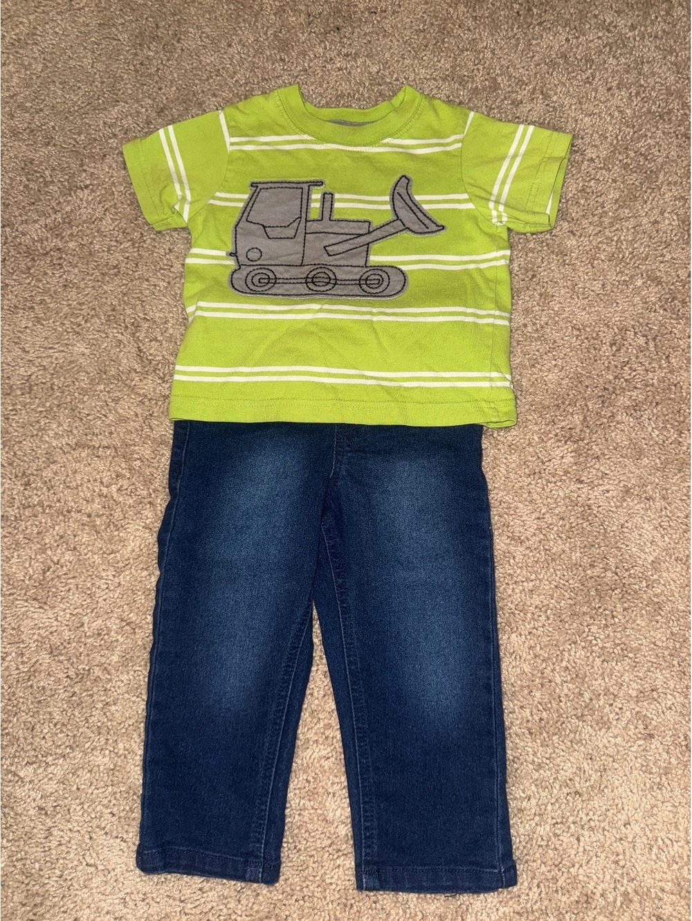Garanimals 12M Boys Green Striped Excavator Shirt with Blue Denim Pants